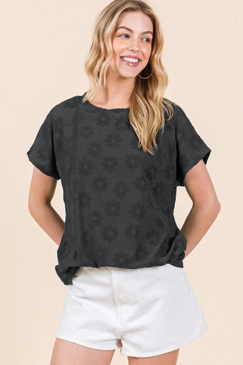 BOMBOM Textured Floral Pattern Short Sleeve T-Shirt for Women - Love Salve